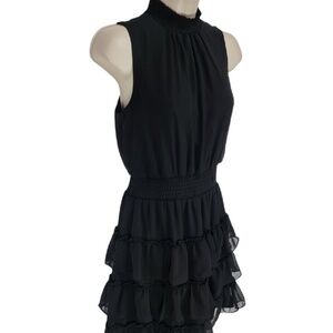 MSK Women Size Lg. Mini Layer Dress Smocked High Collar Halter Neck Black- NWOT